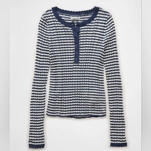 Striped Navy and White Ribbed Henley Long Sleeve